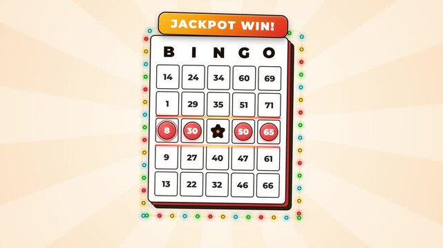 Clean vector 2D motion graphics animation of a Bingo card featuring sequential red chip markings, laser beams, a celebration banner, and glowing anima.