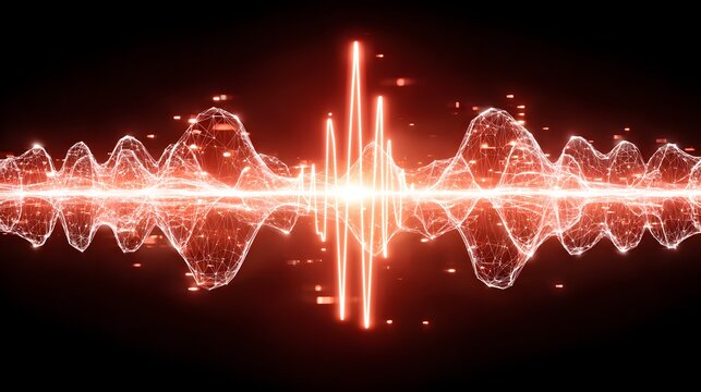 Glowing Red Digital Waveform with Abstract Audio Pulse
