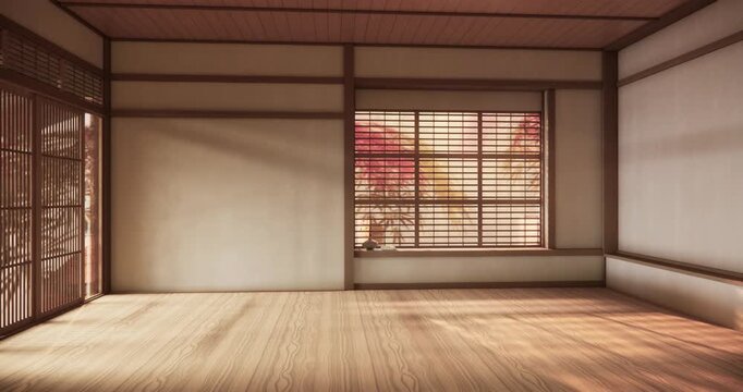 Autumn concept on Japanese room with white wall with maple wood wall design Evokes a sense of warmth, fall background. 3d rendering