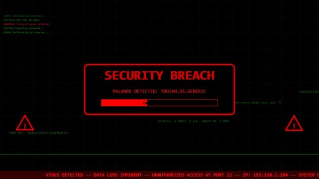 Digital security breach warning interface with red flashing alert, cyber threat notification, system error, hacking attack simulation