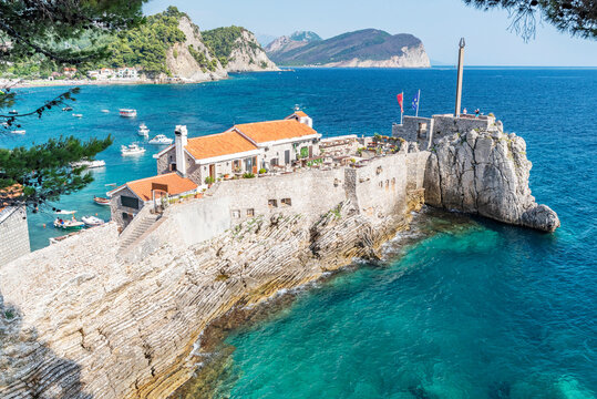 Gorgeous picturesque view on old medevial fortress on cliff in Petrovac, Montenegro