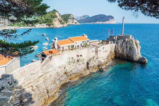 Gorgeous picturesque view on old medevial fortress on cliff in Petrovac, Montenegro