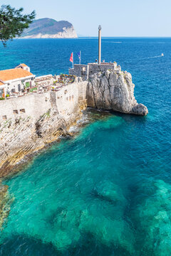 Gorgeous picturesque view on old medevial fortress on cliff in Petrovac, Montenegro