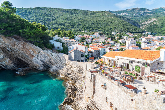 Gorgeous picturesque view on old medevial fortress on cliff in Petrovac, Montenegro