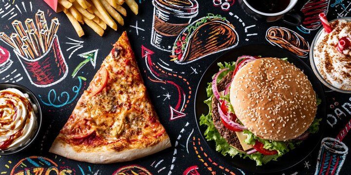 A vibrant top-down view of fast food items including pizza, burger, fries, and desserts on a chalkboard-style background with colorful doodles and playful illustrations.