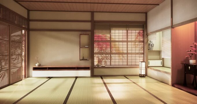 Autumn, Japanese style window and Japanese room with tatami mats on the floor and cabinet decor.3D rendering