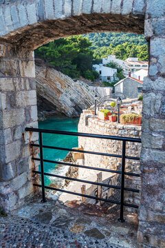 Gorgeous picturesque view on old medevial fortress on cliff in Petrovac, Montenegro