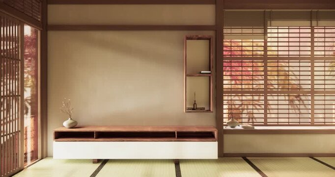 Autumn, Japanese style window and Japanese room with tatami mats on the floor and cabinet decor.3D rendering