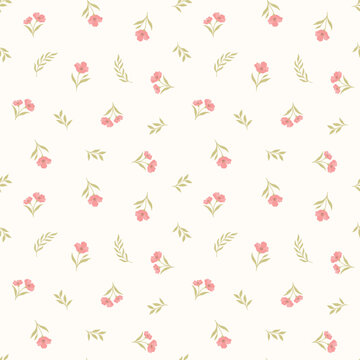 Pretty coral pink ditsy floral seamless pattern vector with small spring flowers and sage leaves for fashion baby dress fabric