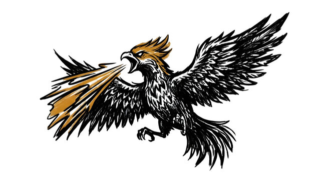 Rooster crowing with wings spread against a dark dramatic background illustration