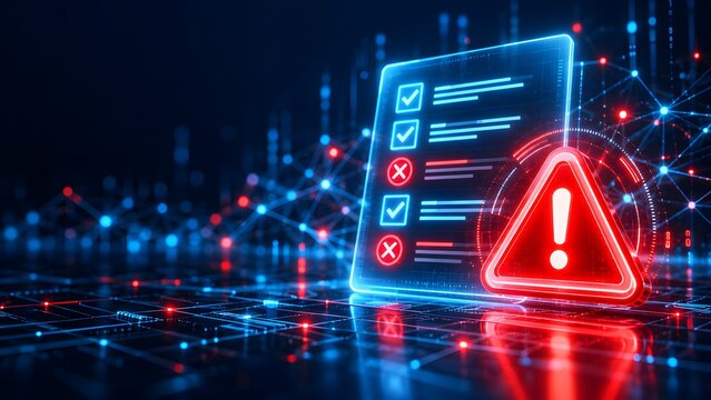 Futuristic glowing digital interface showing a checklist with an error and a neon red warning triangle over a cyber network background