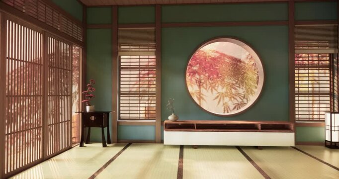 Autumn, Blue mint Japanese room with tatami mats on the floor and decor.3D rendering
