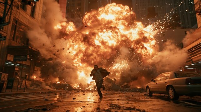 Lone man runs across city street as enormous explosion fills background
