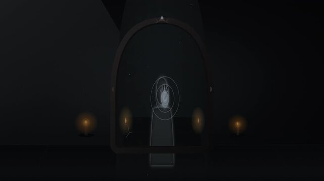 Premium cinematic Halloween animation featuring a haunted gothic mirror in a dark room. The reflection behaves independently, revealing a supernatural dark figure turning its head and pressing its han