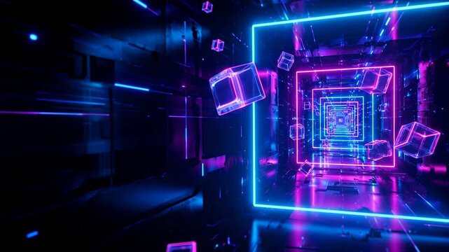 Neon cube corridor with glowing geometric frames