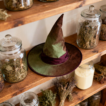 Witch hat placed on wooden shelf with jars of herbs and spices  
