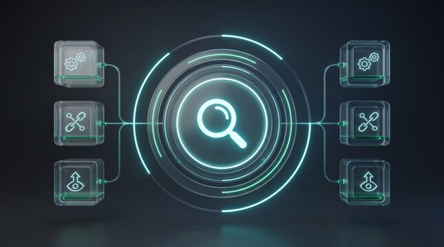 Digital data search and analysis concept with glowing lines and network connections