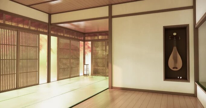 Autumn, Japanese style window and Japanese room with tatami mats on the floor and cabinet decor.3D rendering