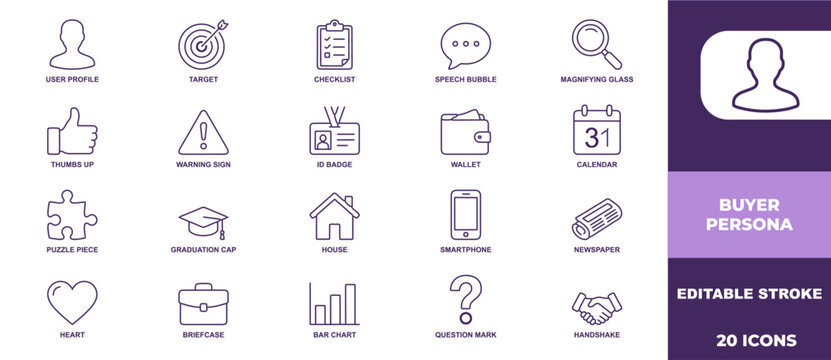 Collection of buyer persona icons featuring thin line symbols for marketing and customer behavior analysis designs
