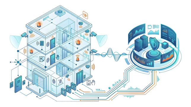 Isometric smart building security system with digital surveillance