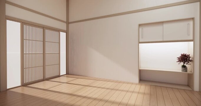 Autumn concept on Japanese room with white wall with maple wood wall design Evokes a sense of warmth, fall background. 3d rendering