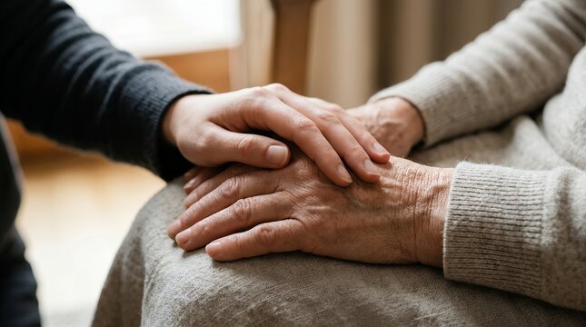 Comforting hands, a gentle touch of support and care; elderly person's hands being held, a symbol of empathy and compassion; intergenerational connection, offering solace and assistance.