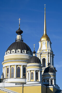 The domes of the ancient Transfiguration Cathedral is close-up. Rybinsk, Yaroslavl Region, Russia (vertical)