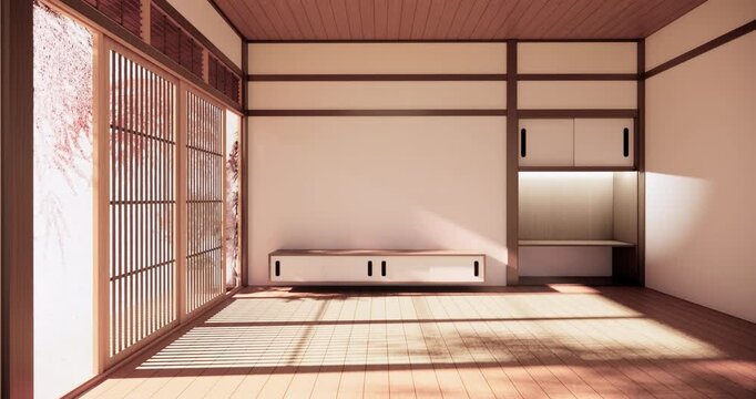 Autumn concept on Japanese room with white wall with maple wood wall design Evokes a sense of warmth, fall background. 3d rendering