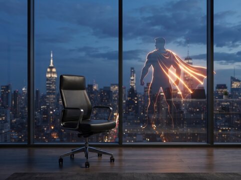 Concept image of a glowing superhero outline overlooking a metropolis at dusk from a modern executive office with an empty chair, symbolizing leadership, success, and inner strength.