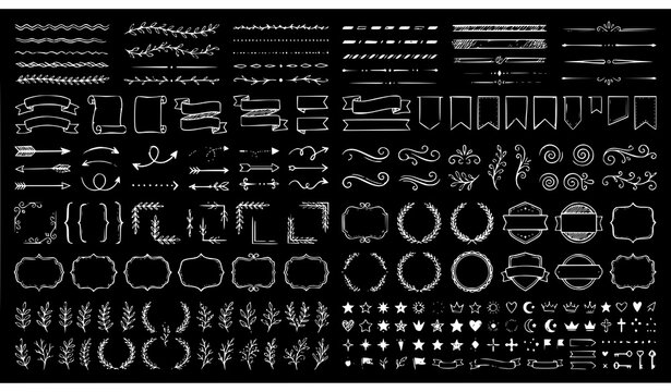 Hand Drawn Chalkboard Rustic Vintage Decorative Elements Frames Ribbons Borders Lines Collection Vector Set