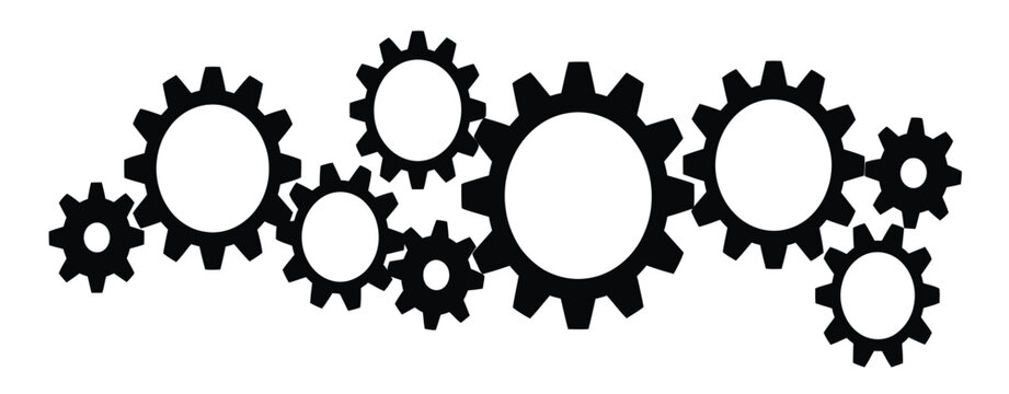 Interconnected black gear wheels representing collaboration, teamwork, and industrial mechanical processes.