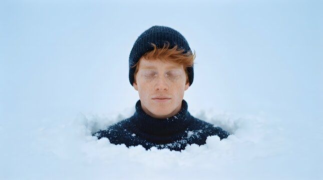 Portrait of a young man with red hair and frost on his eyelashes, buried in deep snow, wearing a dark sweater and beanie