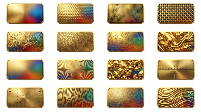 Collection of sixteen gold textures and patterns on a black background