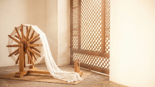 Traditional wooden spinning wheel with white yarn thread, placed on a woven mat in a sunlit room with a decorative lattice wooden screen