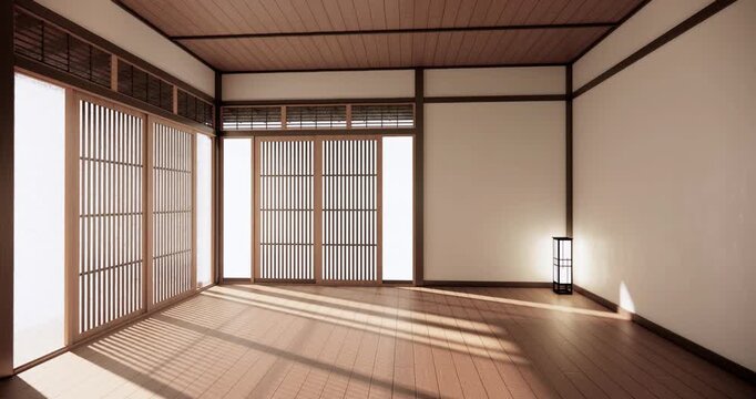 Autumn concept on Japanese room with white wall with maple wood wall design Evokes a sense of warmth, fall background. 3d rendering