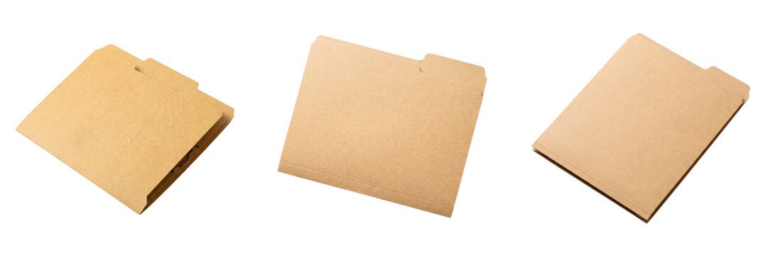 Three manila file folders arranged in a row isolated on a transparent background