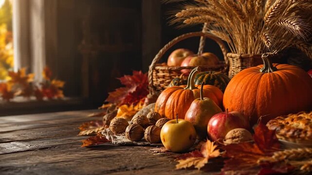 Rustic autumn harvest with pumpkins, fruit, wheat and homemade pie, Thanksgiving, seasonal food