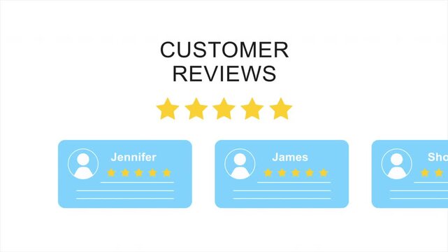 A customer review card slides right to left with a name, five-star rating, and comment text. Suitable for feedback systems, apps, websites, and UI design