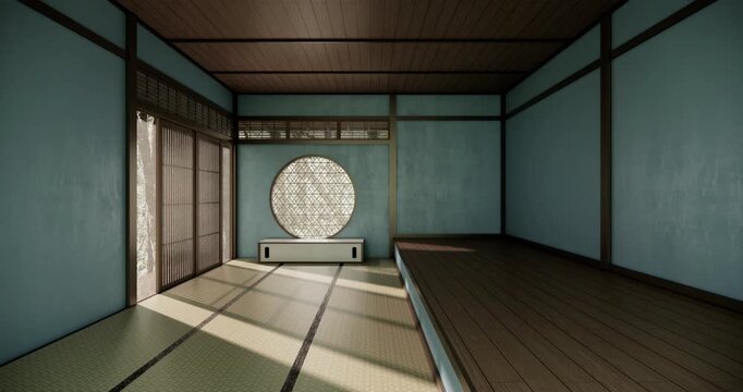 Autumn, Japanese style circular window and Japanese room with the tatami floor.3D rendering