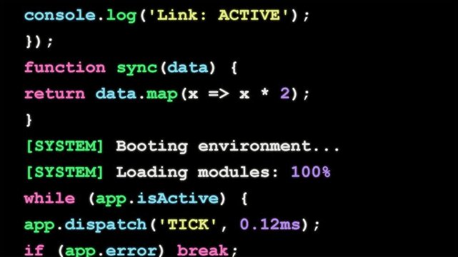 Scrolling colorful syntax code on dark screen, software development interface, programming logic, data processing, backend engineering, terminal view