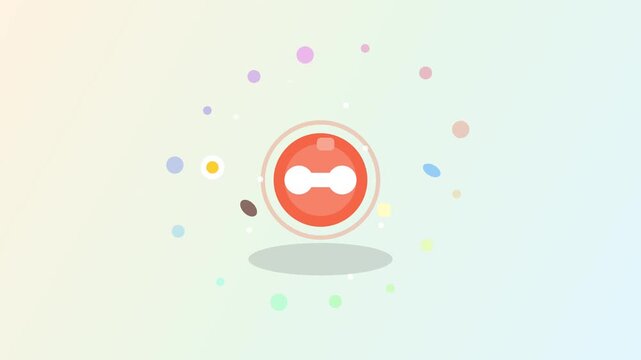 Red button icon with connection or fitness symbol and colorful floating elements flat vector illustration
