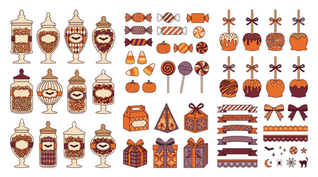 Halloween candy treats and sweet jars vector collection