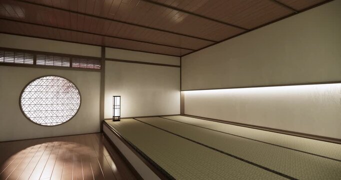 Autumn, Japanese style window and Japanese room with tatami mats on the floor and cabinet decor.3D rendering