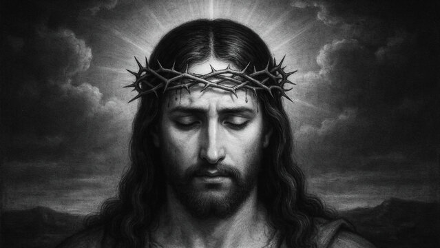 Black and White Portrait of Jesus Christ with Crown of Thorns Praying with Eyes Closed