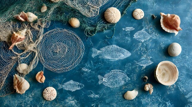 World Fisheries Day inspired scene with fishing nets, seashells, fish silhouettes, blue water textures and sustainable marine elements