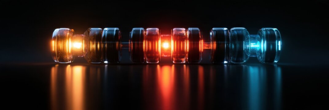 Wide panoramic view of a qubit lifecycle showing clean glowing state, operations in progress, and measurement outcome on a dark background