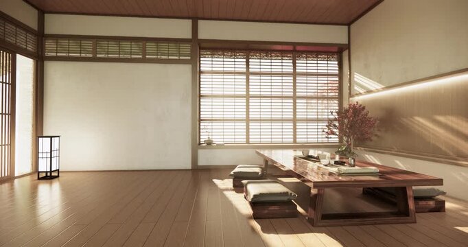 Low table Japanese-style living room evokes the feeling of spring with sunlight streaming into the space.3D rendering