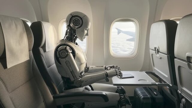 Robot passenger sits in airplane seat looking out window at clouds and wing