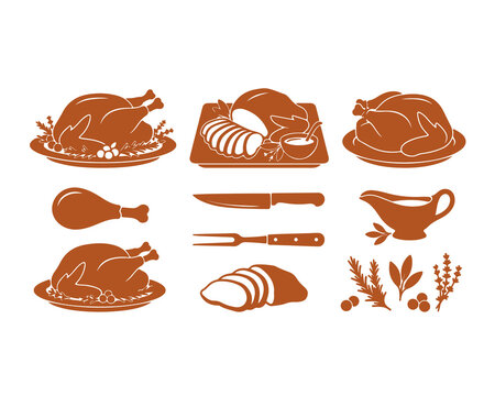Thanksgiving turkey dinner set vector illustration with roasted chicken and side dishes on a white background
