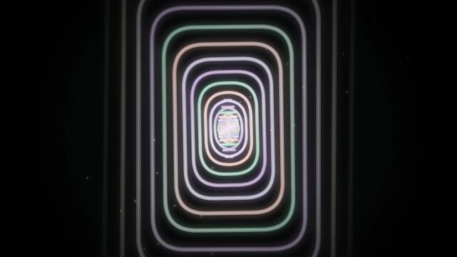 Abstract neon tunnel with colorful glowing rounded rectangle frames moving forward